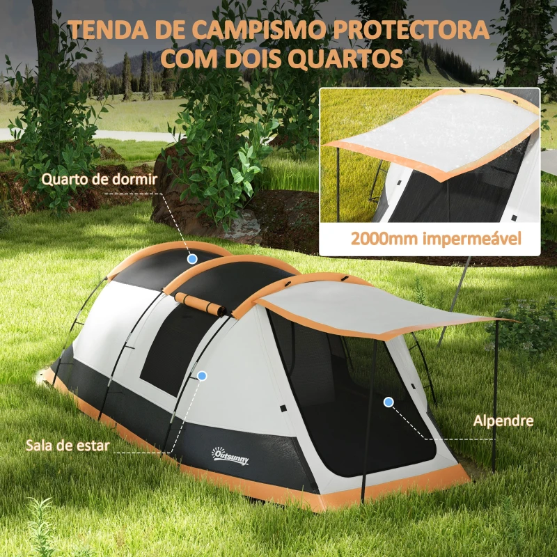 Outsunny Tenda de Campismo Familiar para 3-4 Pessoas com 2 Quartos e Bolsa de Transporte Impermeável 370x220x130 cm Laranja e Cinza