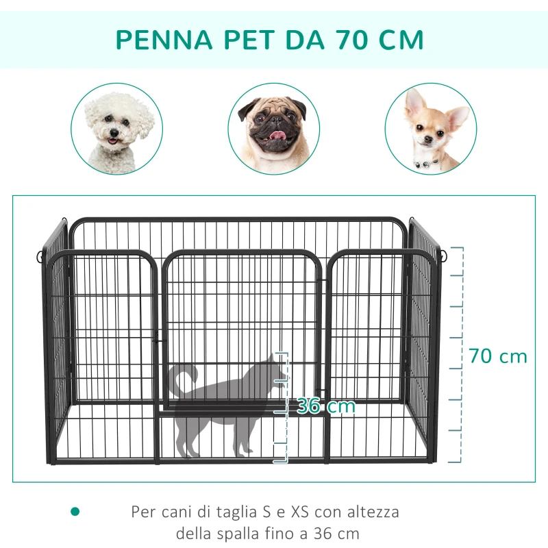 PawHut Recinto per Cani di Piccoli Taglia da Interno ed Esterno, Recinzione per Animali Domestici con Rete 6 pz in Acciaio e Metallo, 125x80x70 cm, Nero