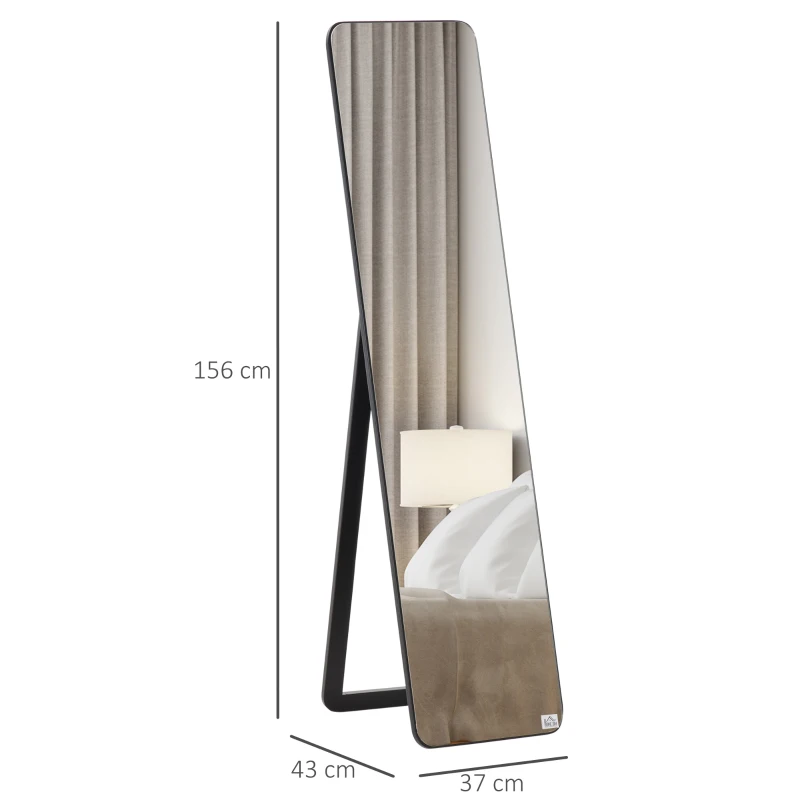 HOMCOM Oglindă de Podea sau Perete cu Cadru din Lemn, Oglindă cu Suport, Pliabil cu Balama, 37x43x156 cm, Nuc