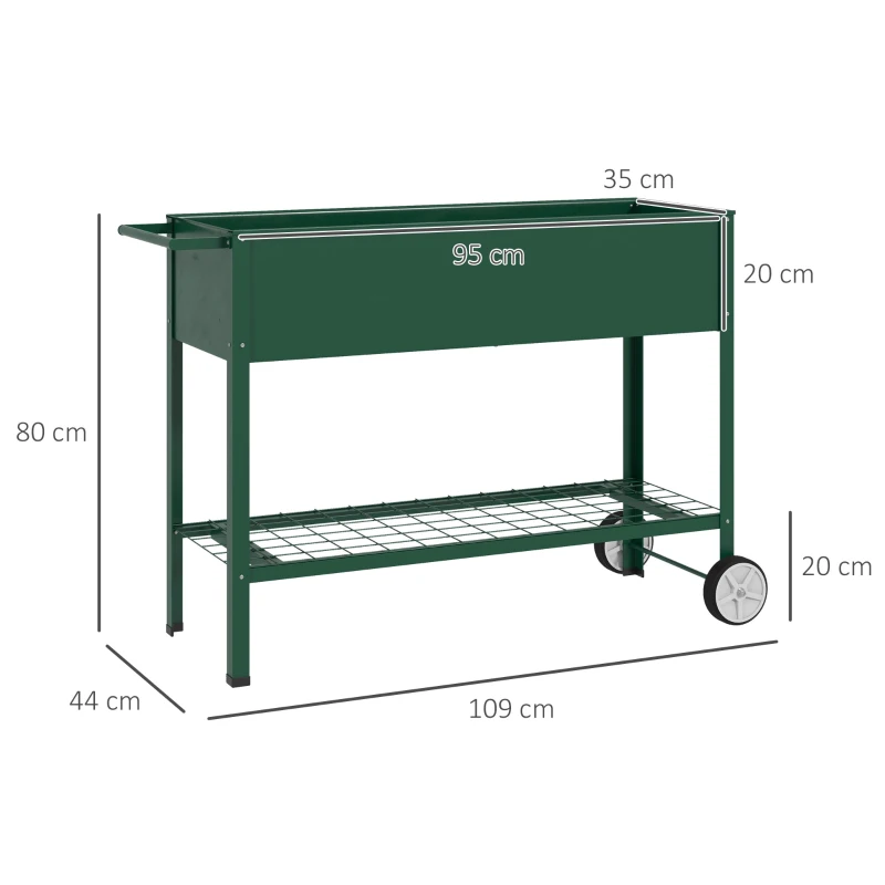 Outsunny Jardinieră Exterioară cu Raft Inferior pentru Unelte, Jardinieră Metalică cu 2 Roți și Mâner, 109x44x80 cm, Verde