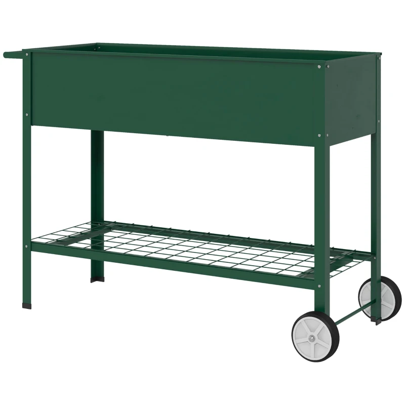 Outsunny Jardinieră Exterioară cu Raft Inferior pentru Unelte, Jardinieră Metalică cu 2 Roți și Mâner, 109x44x80 cm, Verde