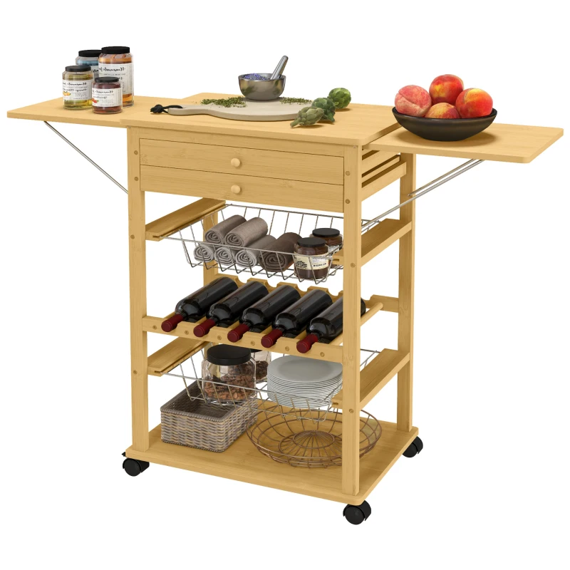 HOMCOM Küchenwagen mit 2 Aufbewahrungskörben, 2 Schubladen, ausziehbarer Tischplatte, 4 Rollen, Bambus, Gemüsehorde Natur