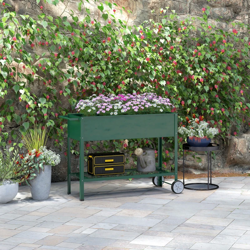 Outsunny Jardinieră Exterioară cu Raft Inferior pentru Unelte, Jardinieră Metalică cu 2 Roți și Mâner, 109x44x80 cm, Verde