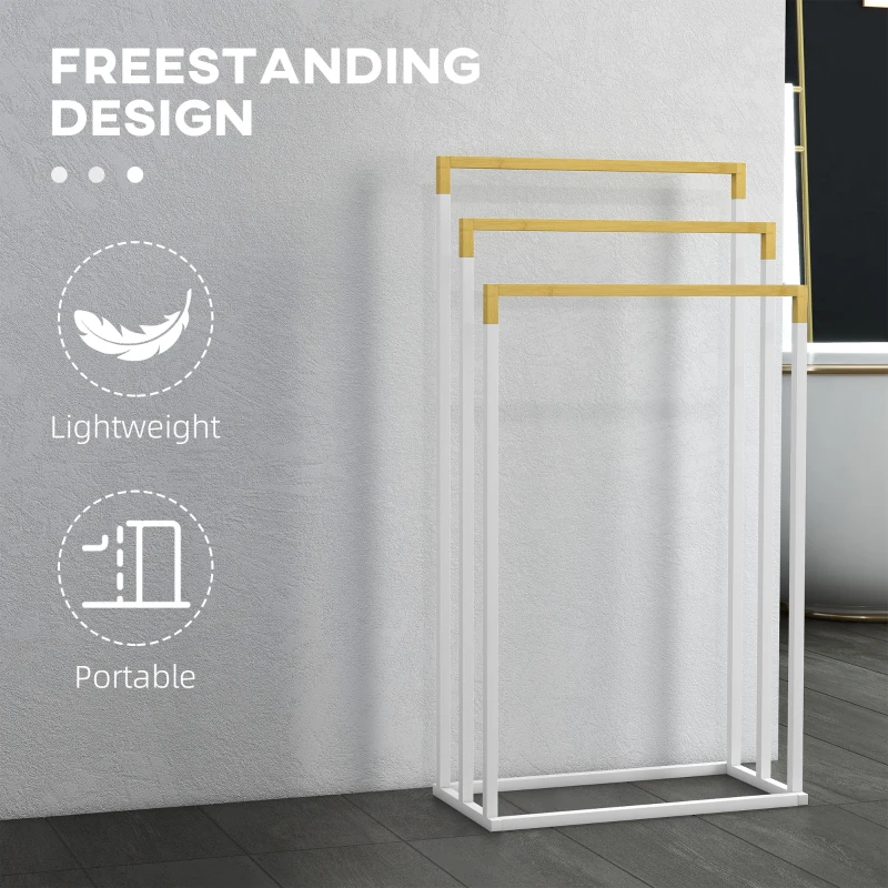 kleankin Suport pentru Prosoape din Bambus și Oțel cu Design Independent, 45x22.5x86 cm, Alb