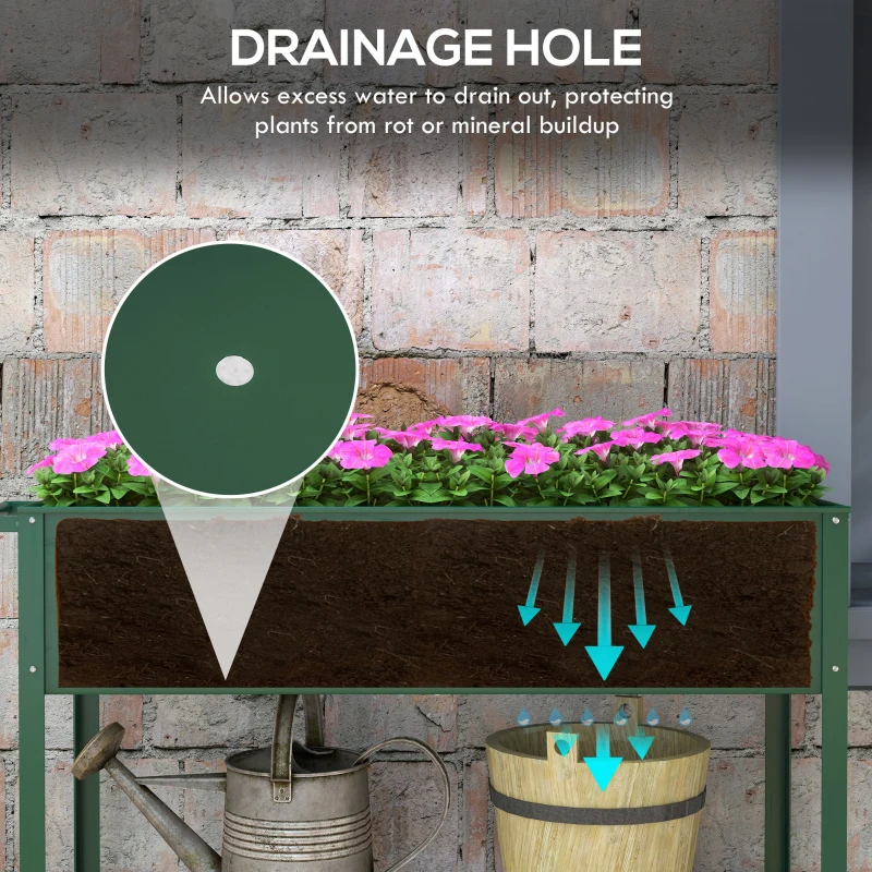 Outsunny Jardinieră Exterioară cu Raft Inferior pentru Unelte, Jardinieră Metalică cu 2 Roți și Mâner, 109x44x80 cm, Verde