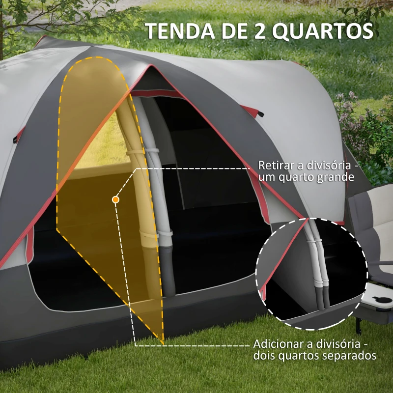 Outsunny Tenda de Campismo Familiar para 4-5 Pessoas Dobrável com 2 Quartos e Bolsa de Transporte Impermeável 450x215x180 cm Cinza