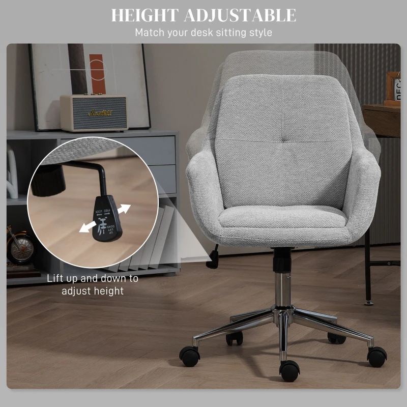 HOMCOM Scaun de Birou, Scaun din Material Textil cu Înălțime Reglabilă, Cotieră, Scaun Pivotant pentru Acasă, 55x66x86-96 cm, Gri