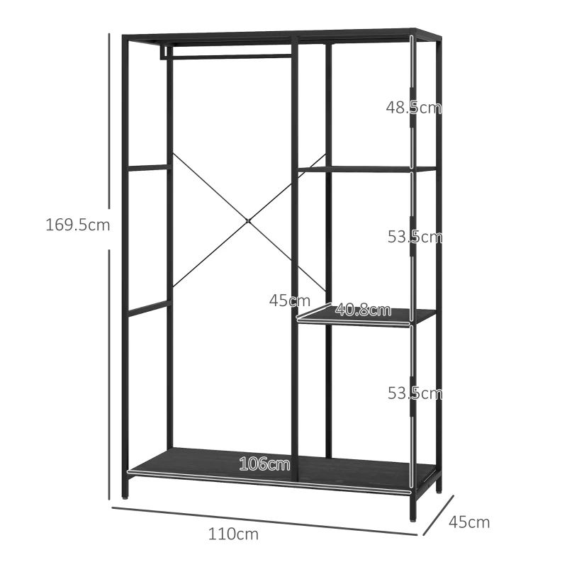 HOMCOM Suport pentru Haine cu Spațiu de Depozitare Pantofi și Balustradă, Suport 2-în-1 pentru Hol, 110x45x169.5 cm, Negru