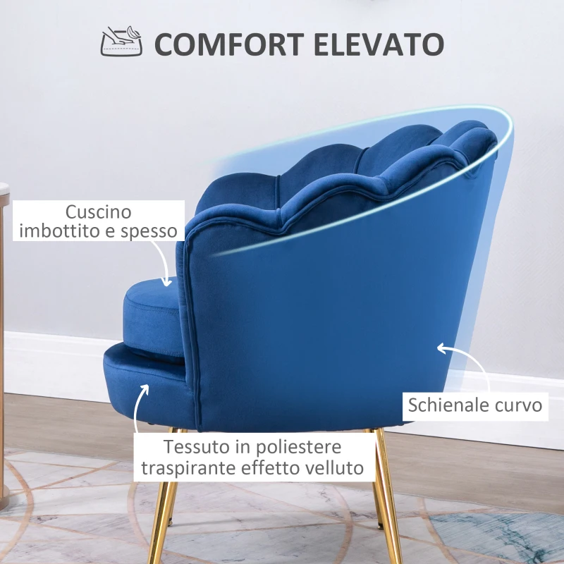 HOMCOM Poltrona a Conchiglia, Poltroncina Vintage, Poltroncina da Camera e Salotto, Design Elegante, con Schienale Alto, 76x67x74cm, Blu