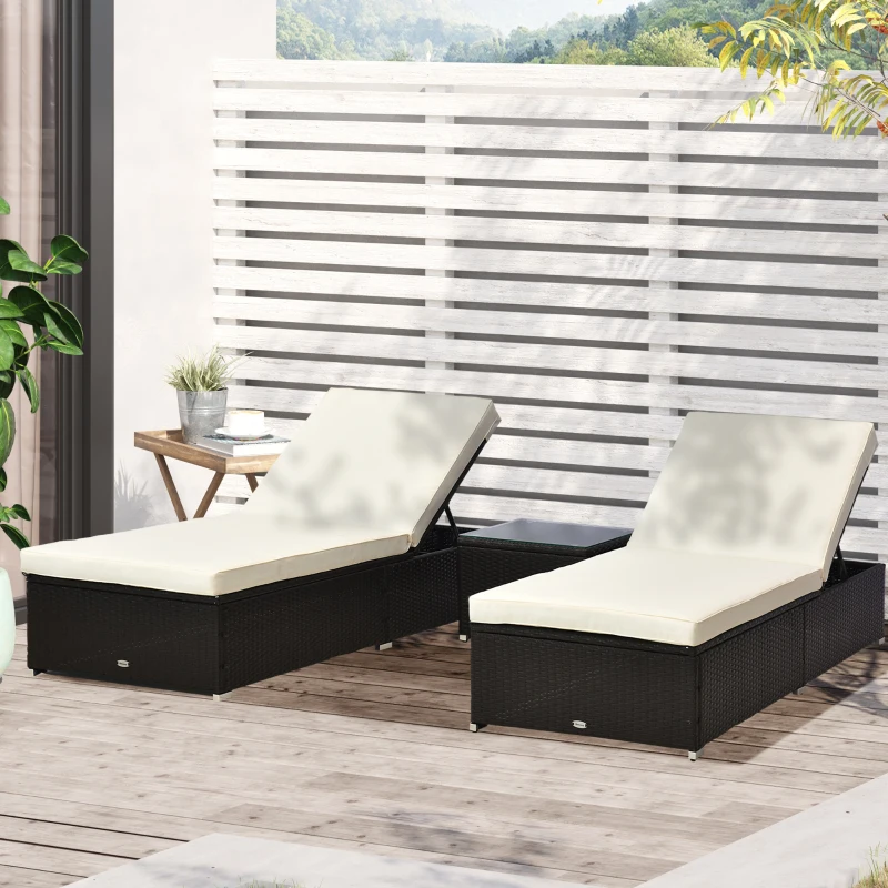 Outsunny 2-Seater Rattan Lounger Set-Deep Coffee/Cream White