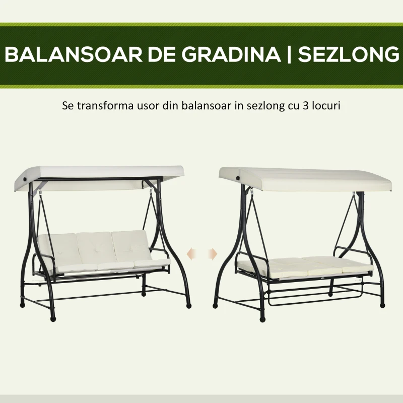 Outusunny Leagăn cu 3 Locuri de Grădină, Balansoar pentru Exterior cu Acoperiș Reglabil, din Oțel și Poliester, 195x117x175 cm, Crem