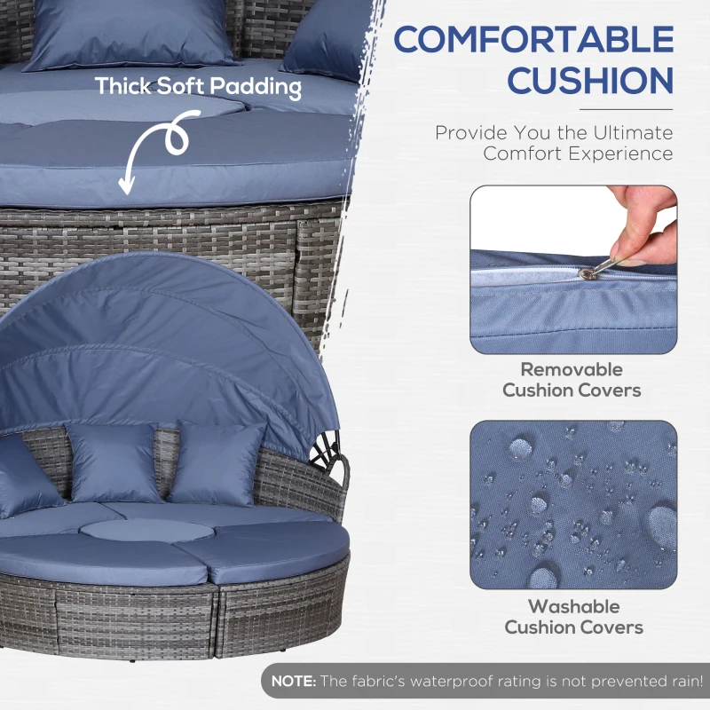 Outsunny PE Rattan Lounge Set - 5 Piece Patio Conversation Furniture Set, Garden Round Sofa Bed with Cushion and Retractable Canopy, Grey/Blue Grey