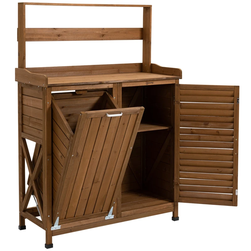 Outsunny Pflanztisch mit Schrank u. Abfallbehälter, wetterbeständig, Gärtnertisch, 102 cm x 43,5 cm x 152 cm, Braun