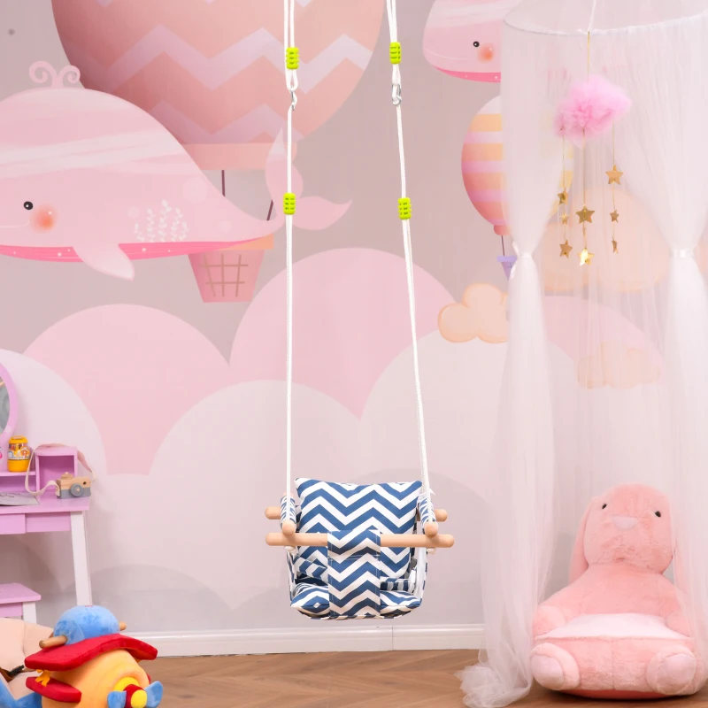 Outsunny Seggiolino Altalena per Bambini in Tessuto e Legno con Cuscino, 40x40x180cm, Blu e Bianco