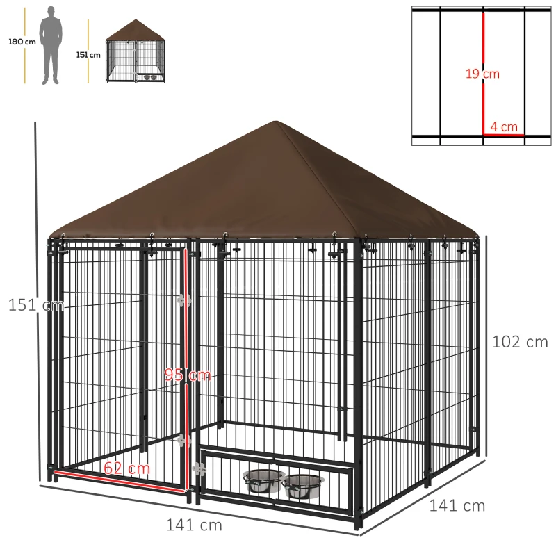 PawHut Gard pentru Câini din Metal cu Ușă pentru Boluri, Gard pentru Câini de Exterior cu Acoperiș, 141x141x151 cm, Negru și Maro(m-3)