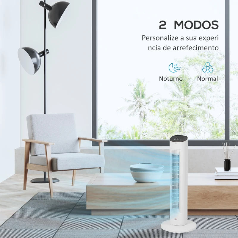 HOMCOM Ventoinha de Coluna 50W com Controlo Remoto com 3 Velocidades Temporizador 15h Oscilação 85° Ecrã LED 30x30x78 cm Branco