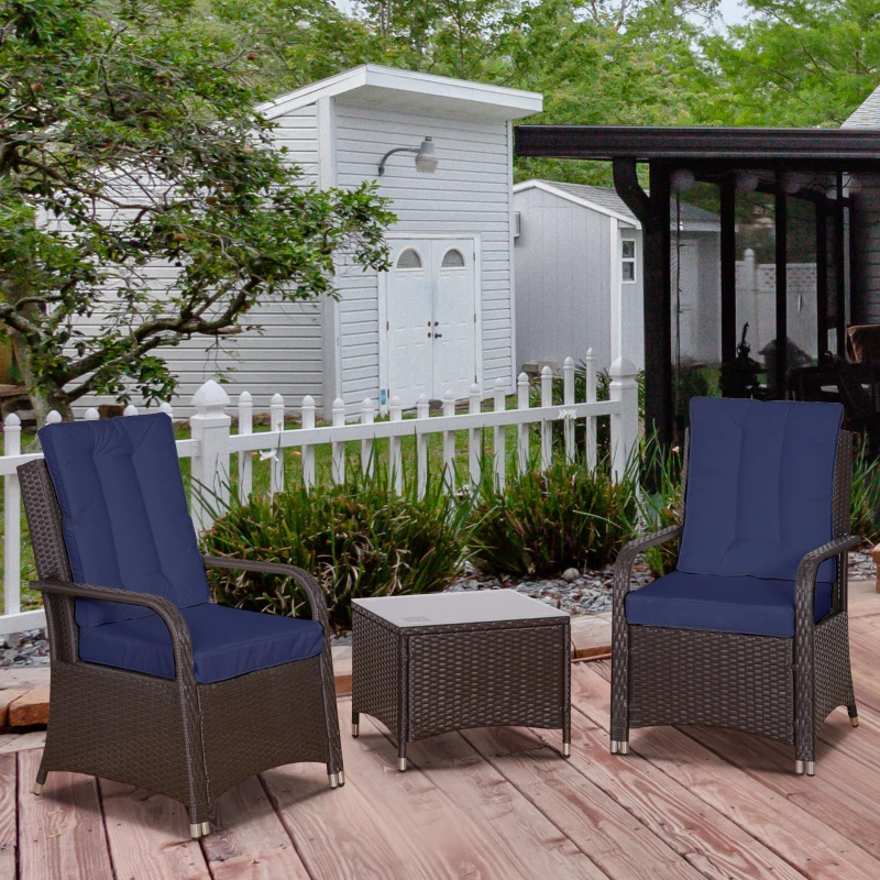 Outsunny 3 Pieces Rattan Bistro Set with Furniture Cover, Wicker Garden Furniture Set, Glass Top Coffee Table and Chairs with Cushions for Outdoor, Patio, Balcony, Dark Blue