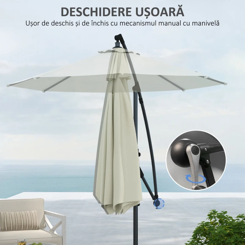 Umbrelă de soare 3 (m) în consolă cu bază transversală Outsunny, Umbrelă de soare cu manivelă, înclinare și 8 nervuri
