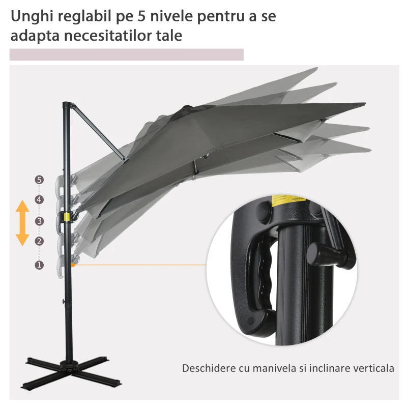 Outsunny Umbrelă de Grădină cu Manivelă de Mână cu Unghi Reglabil pe 5 Niveluri și Rotație la 360°, 245x245x245 cm, Gri