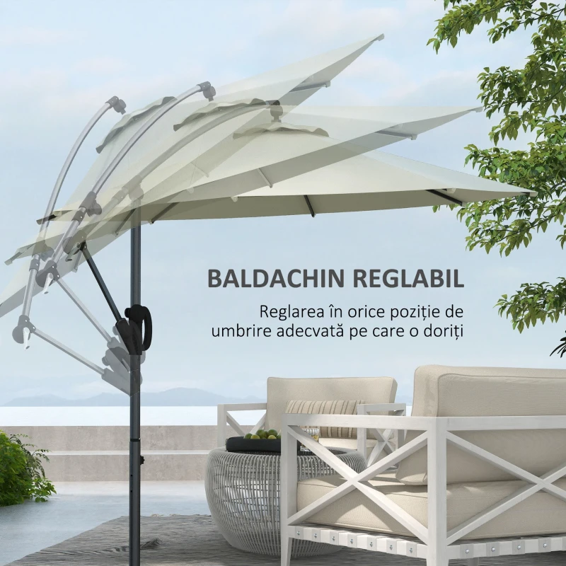 Umbrelă de soare 3 (m) în consolă cu bază transversală Outsunny, Umbrelă de soare cu manivelă, înclinare și 8 nervuri
