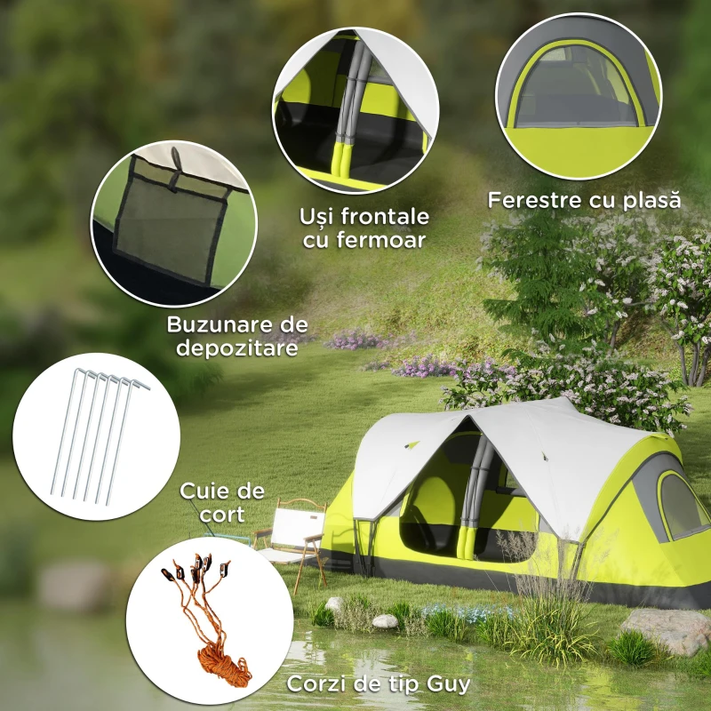 Outsunny Cort de Camping cu 2 Dormitoare pentru 6-8 Persoane