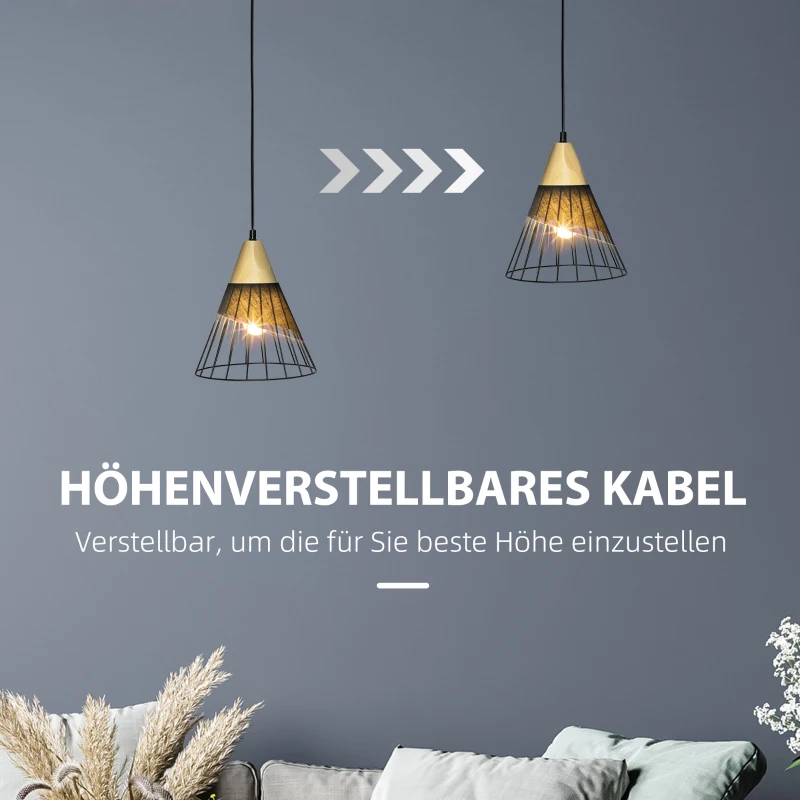 HOMCOM Lampa wisząca w designie industrialnym, 24 cm x 24 cm x 28 cm, Czarno-brązowy + Naturalny