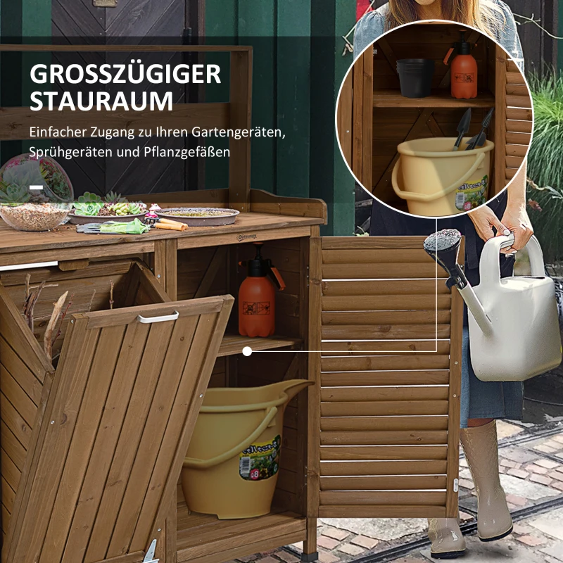 Outsunny Pflanztisch mit Schrank u. Abfallbehälter, wetterbeständig, Gärtnertisch, 102 cm x 43,5 cm x 152 cm, Braun