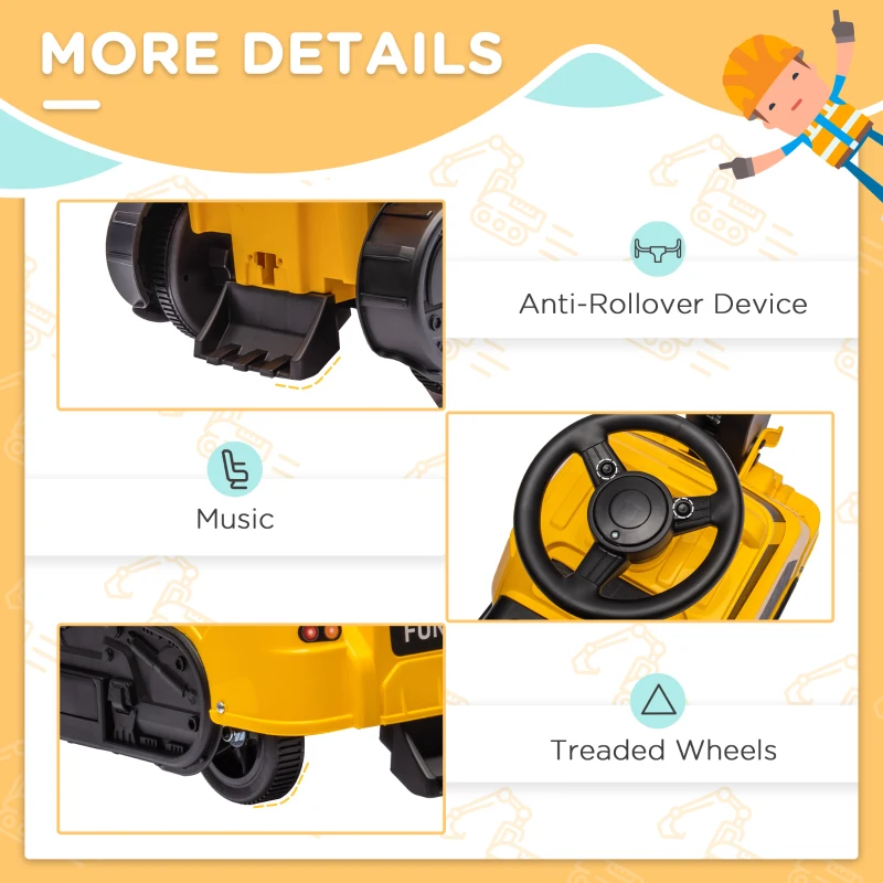 Aosom Excavator Bulldozer 3 în 1, Fără Alimentare, Pentru Joc de Construcție cu Muzică, pentru Copii Între 18 și 48 de luni,  100x43x48 cm, Galben.