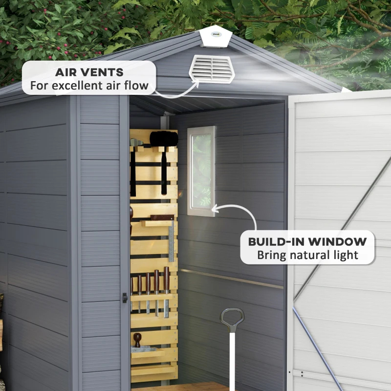 Outsunny IE Located 4 x 6ft Plastic Garden Storage Shed - Foundation Kit Included, Polypropylene Outdoor Storage Tool House with Ventilation Slots and Lockable Door, Grey