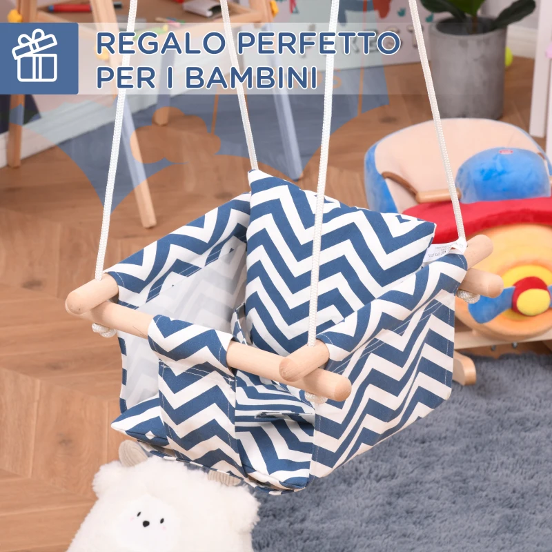 Outsunny Seggiolino Altalena per Bambini in Tessuto e Legno con Cuscino, 40x40x180cm, Blu e Bianco