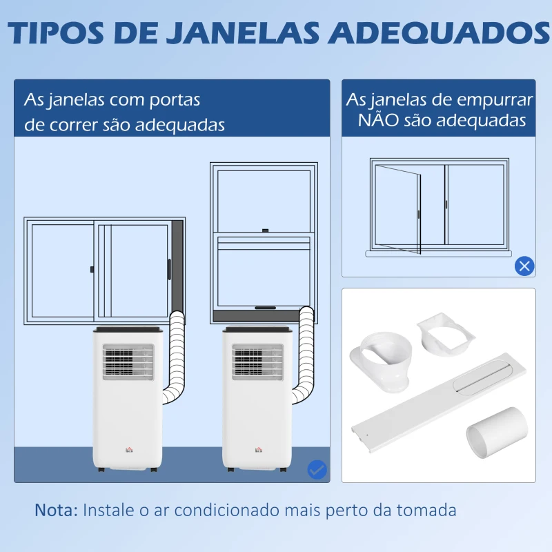 HOMCOM Ar Condicionado Portátil 10000 BTU 2900W Arrefecedor Ventilador Desumidificador 5 em 1 para Quarto 22m² 33x28x70,4 cm Branco