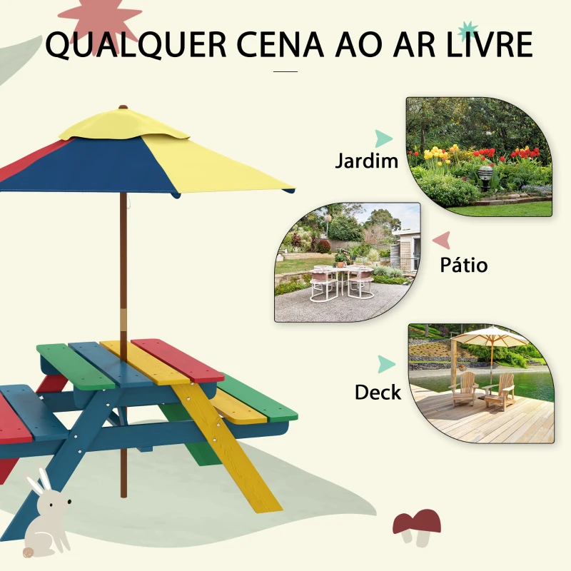 Outsunny Mesa de Piquenique para Crianças em Madeira com 2 Bancos e Chapéu de Sol Removível para Jardim 85,5x75x142,5 cm Multicolor