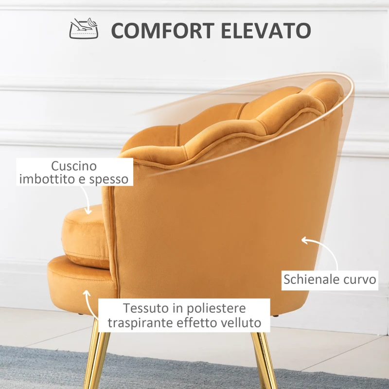 HOMCOM Poltrona a Conchiglia, Poltroncina Vintage, Poltroncina da Camera e Salotto, Design Elegante, con Schienale Alto, 76x67x74cm, Giallo