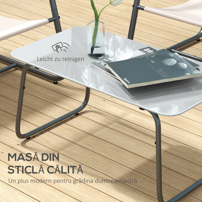 Outsunny Set de Mobilier de Gradina, Set de Conversatie Sofa din 4 Piese pentru Terasa cu Masa de Sticla, Alb-Crem