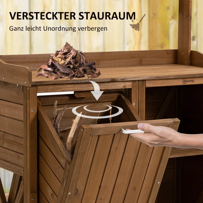 Outsunny Pflanztisch mit Schrank u. Abfallbehälter, wetterbeständig, Gärtnertisch, 102 cm x 43,5 cm x 152 cm, Braun