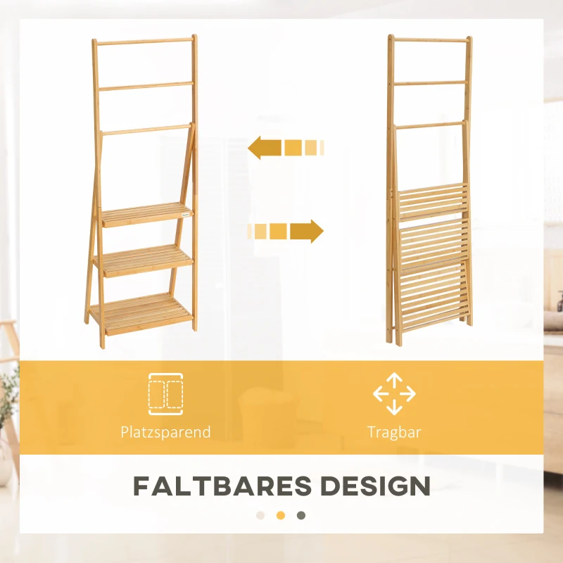 kleankin Stojak na ręczniki z bambusa z półkami, 3 półki, 3 uchwyty na ręczniki, składany, 53 cm x 30,5 cm x 152 cm, Naturalny