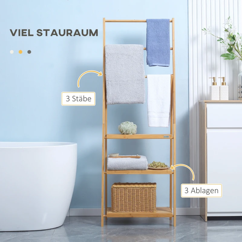 kleankin Stojak na ręczniki z bambusa z półkami, 3 półki, 3 uchwyty na ręczniki, składany, 53 cm x 30,5 cm x 152 cm, Naturalny
