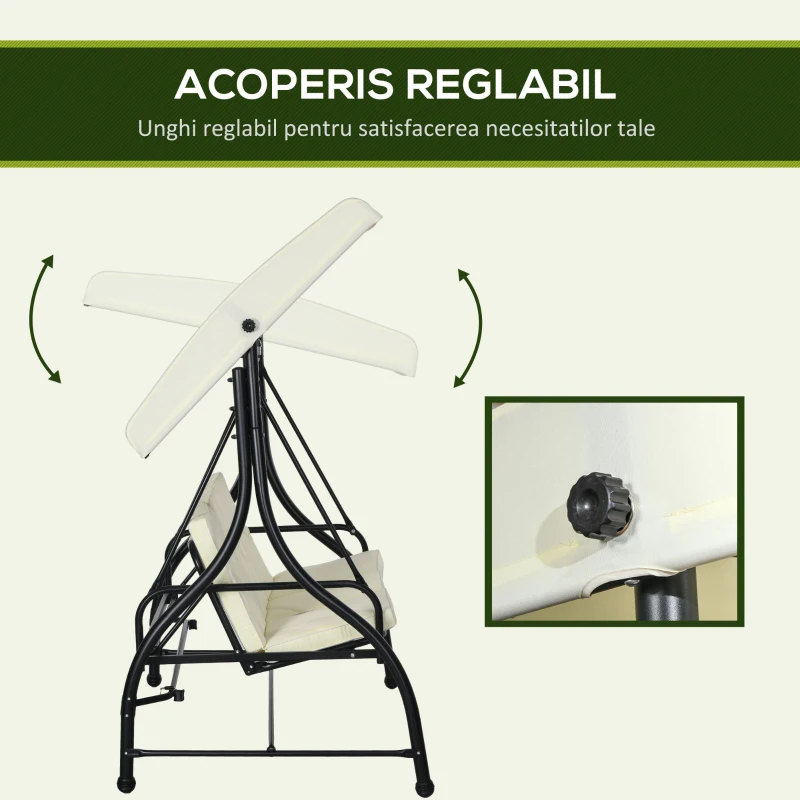 Outusunny Leagăn cu 3 Locuri de Grădină, Balansoar pentru Exterior cu Acoperiș Reglabil, din Oțel și Poliester, 195x117x175 cm, Crem