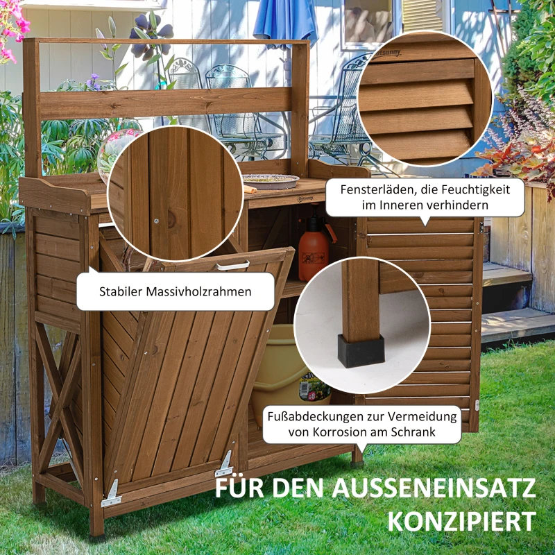 Outsunny Pflanztisch mit Schrank u. Abfallbehälter, wetterbeständig, Gärtnertisch, 102 cm x 43,5 cm x 152 cm, Braun