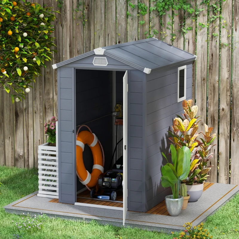 Outsunny IE Located 4 x 6ft Plastic Garden Storage Shed - Foundation Kit Included, Polypropylene Outdoor Storage Tool House with Ventilation Slots and Lockable Door, Grey
