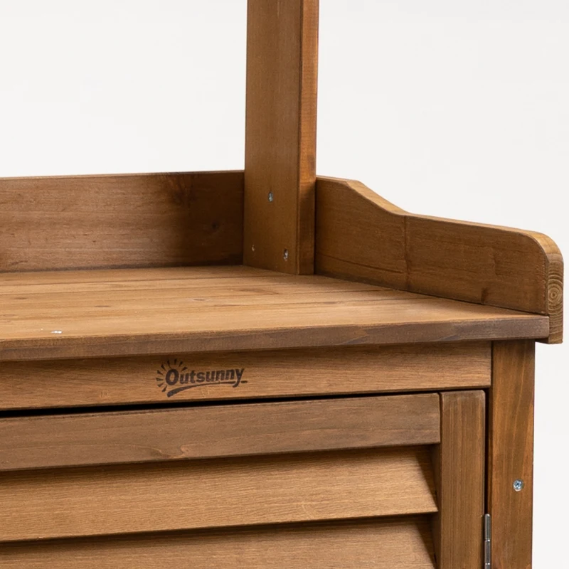 Outsunny Pflanztisch mit Schrank u. Abfallbehälter, wetterbeständig, Gärtnertisch, 102 cm x 43,5 cm x 152 cm, Braun