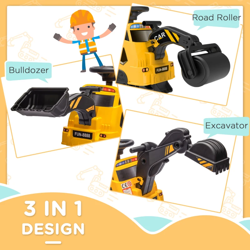 Aosom Excavator Bulldozer 3 în 1, Fără Alimentare, Pentru Joc de Construcție cu Muzică, pentru Copii Între 18 și 48 de luni,  100x43x48 cm, Galben.