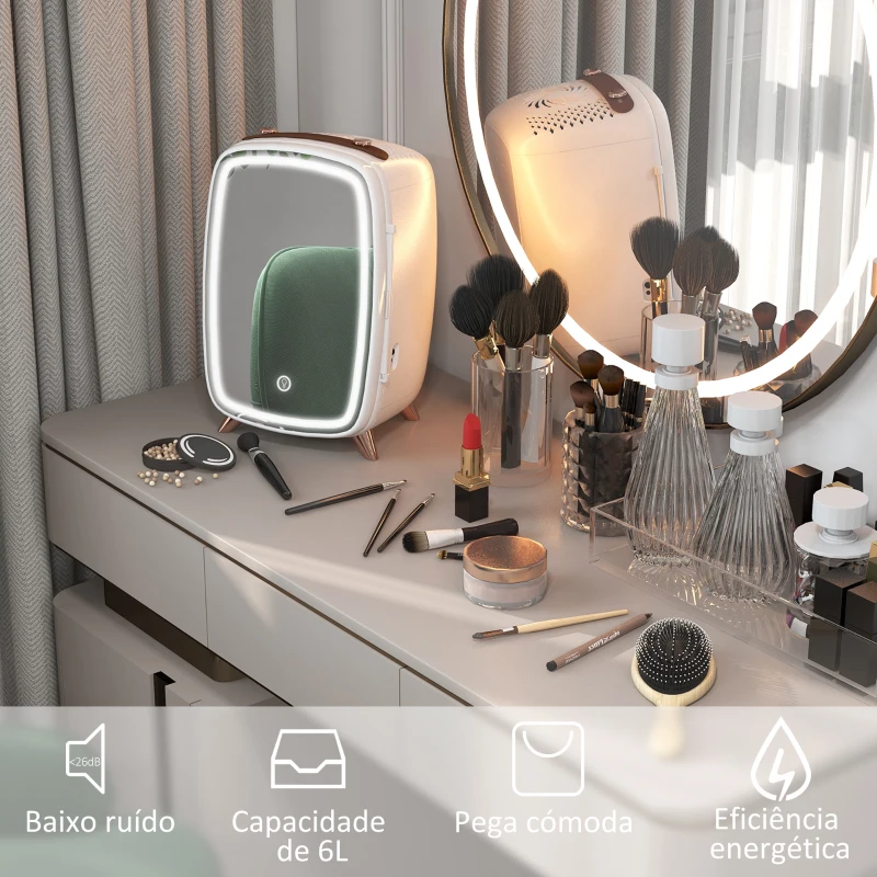 HOMCOM Mini Frigorífico de Cosméticos 6L de 9V com Porta com Espelho e Luz LED Ajustável em 3 Níveis 24,3x19,4x35,6 cm Branco