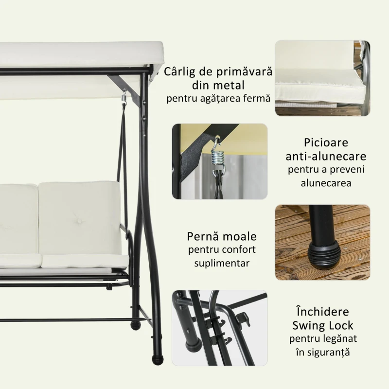 Outusunny Leagăn cu 3 Locuri de Grădină, Balansoar pentru Exterior cu Acoperiș Reglabil, din Oțel și Poliester, 195x117x175 cm, Crem
