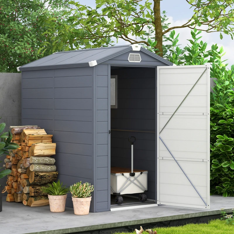 Outsunny IE Located 4 x 6ft Plastic Garden Storage Shed - Foundation Kit Included, Polypropylene Outdoor Storage Tool House with Ventilation Slots and Lockable Door, Grey