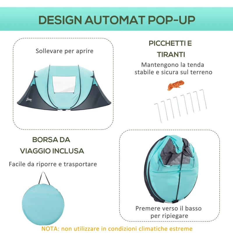 Outsunny Cort Camping 4 Persoane, Cort Automat Pop-up Iglu, 286x209x122 cm, Albastru deschis