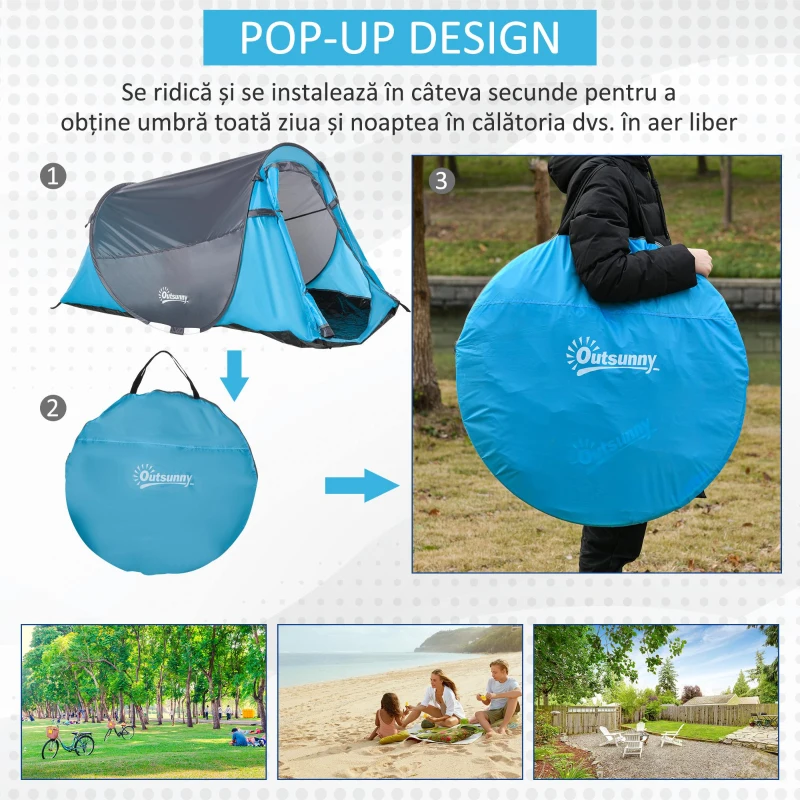 Outsunny Cort Camping 2 Persoane, Cort Automat Pop-up Iglu, 220x108x110 cm, Albastru