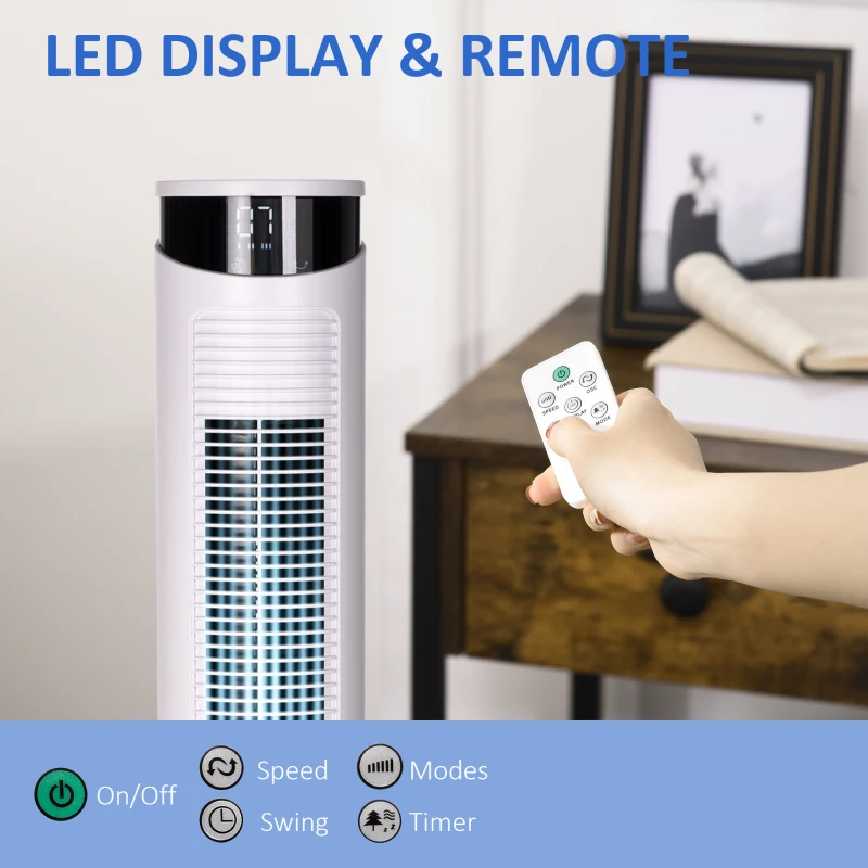 HOMCOM Ventilator Turn cu 3 Moduri și 3 Viteze cu Cronometru 12h, ABS și Ventilator de Podea cu Telecomandă, Ø31.5x93 cm, Alb