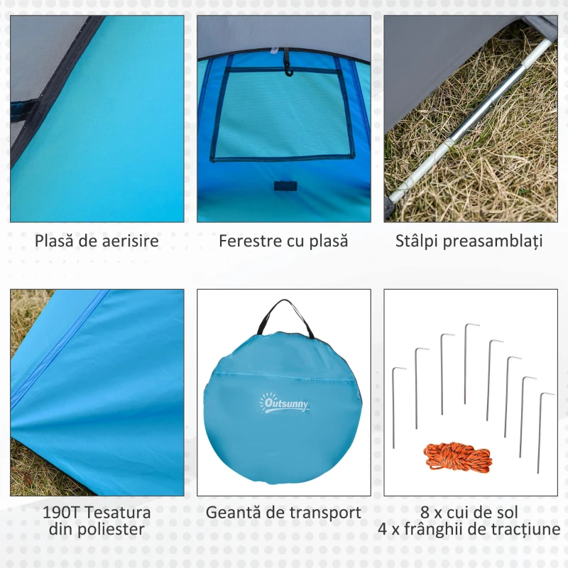 Outsunny Cort Camping 2 Persoane, Cort Automat Pop-up Iglu, 220x108x110 cm, Albastru