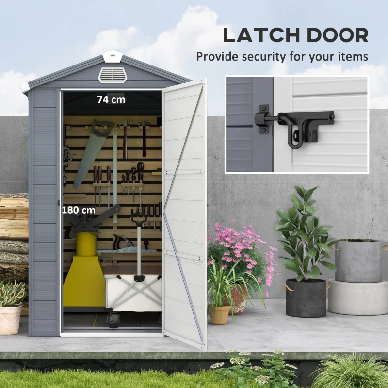 Outsunny IE Located 4 x 6ft Plastic Garden Storage Shed - Foundation Kit Included, Polypropylene Outdoor Storage Tool House with Ventilation Slots and Lockable Door, Grey